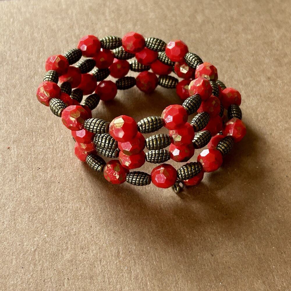 Red Beaded Wrap Bracelet Glass & Metal, Bronze Accents, Stackable, Bohemian
